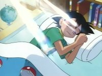 Ash Ketchum sleeps in bed, sunlight streaming in. A globe and books are visible in the blue-themed room. A Poké Ball lies nearby.