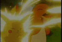 Pikachu and another Pokémon glow in bright yellow light, with a dramatic anime-style background.