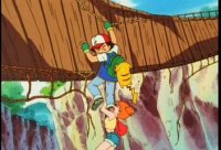 Cartoon climbers in red caps cling to a cliffside under a wooden fence, with rocky walls and a bright sky.