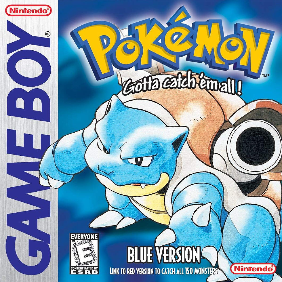 The Game Boy box art for Pokémon Blue Version, featuring a large illustration of the Water-type Pokémon Blastoise.