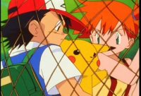Anime boy and girl with Pikachu between them, seen through a chain-link fence, in a tense standoff.