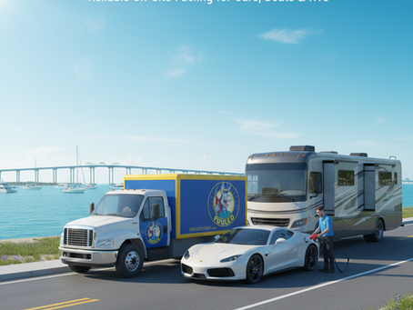 Fuel truck delivering gas to a white sports car by a road with an RV and bridge in the background. Clear sky. Text: Destin Gas Delivery Service.