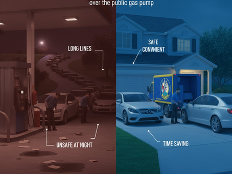 Split image: Left shows long lines at a dark gas station, labeled "unsafe at night". Right shows daytime mobile fueling at home, labeled "safe, convenient".