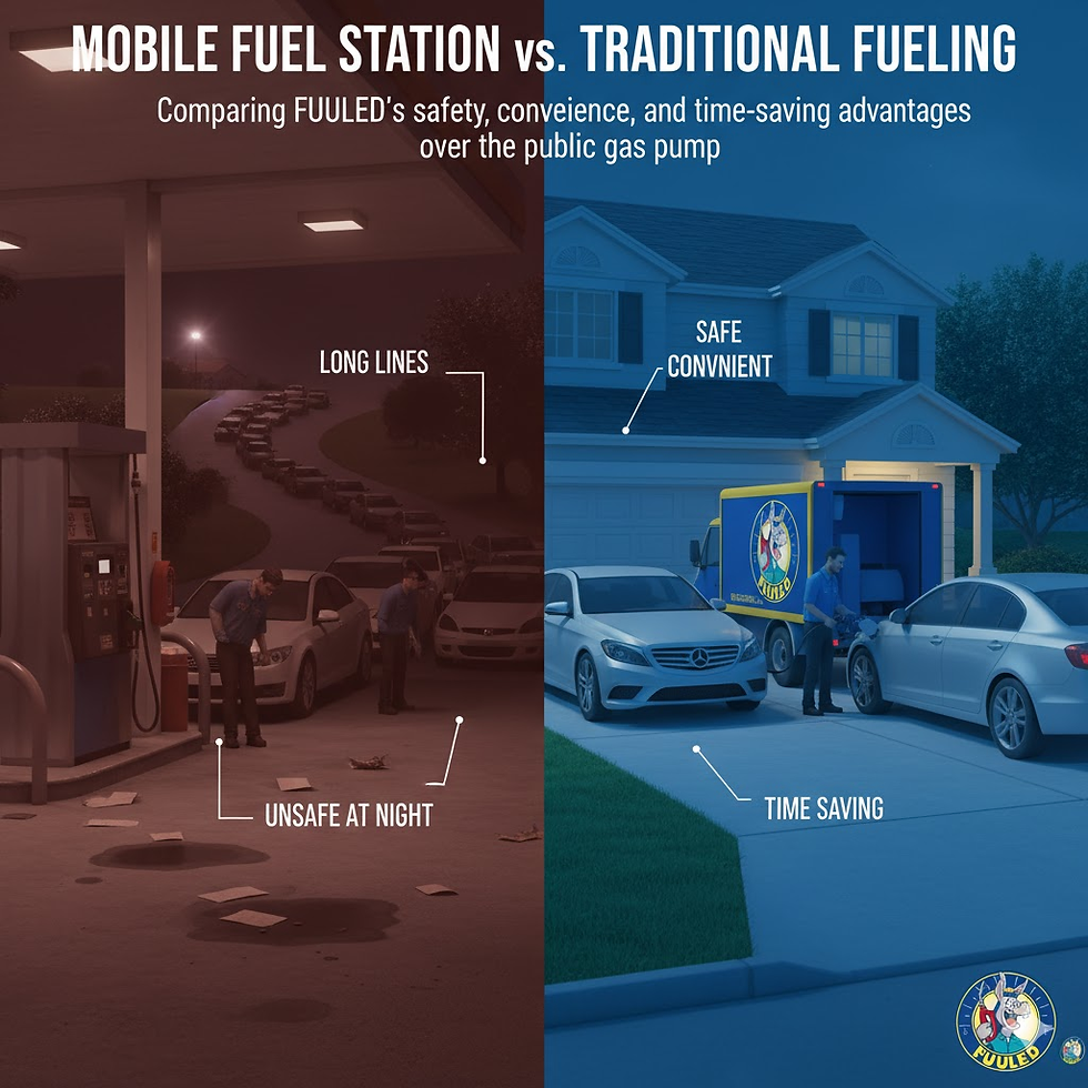 Split image: Left shows long lines at a dark gas station, labeled "unsafe at night". Right shows daytime mobile fueling at home, labeled "safe, convenient".