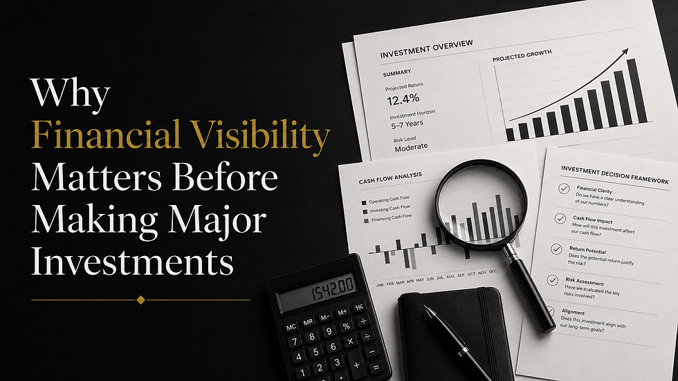 Black finance layout with charts, calculator, magnifying glass, and notebook; headline: Why Financial Visibility Matters