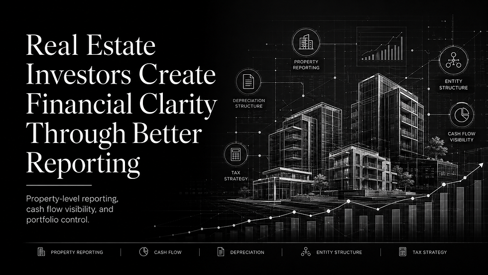 Black real estate infographic with wireframe buildings, rising charts, and text: Real Estate Investors Create Financial Clarity Through Better Reporting