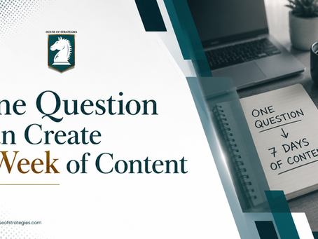 Promotional graphic with laptop, notebook, and content cards; text reads One Question Can Create a Week of Content.