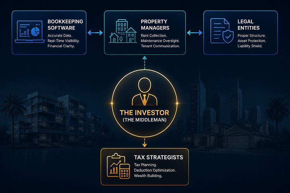 Dark real estate infographic showing THE INVESTOR linked to bookkeeping software, property managers, legal entities, and tax strategists.