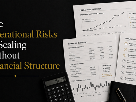 Dark business slide about operational risks of scaling without financial structure, with charts, checklist, calculator, and notebook.