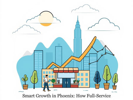 Illustrated city storefront with a man walking past potted trees, skyline and rising charts under clouds and a sun. With an overlay text that says "Smart Growth in Phoenix: How Full-Service Agencies, Organic Strategies, and Outsourced Teams Work Together"