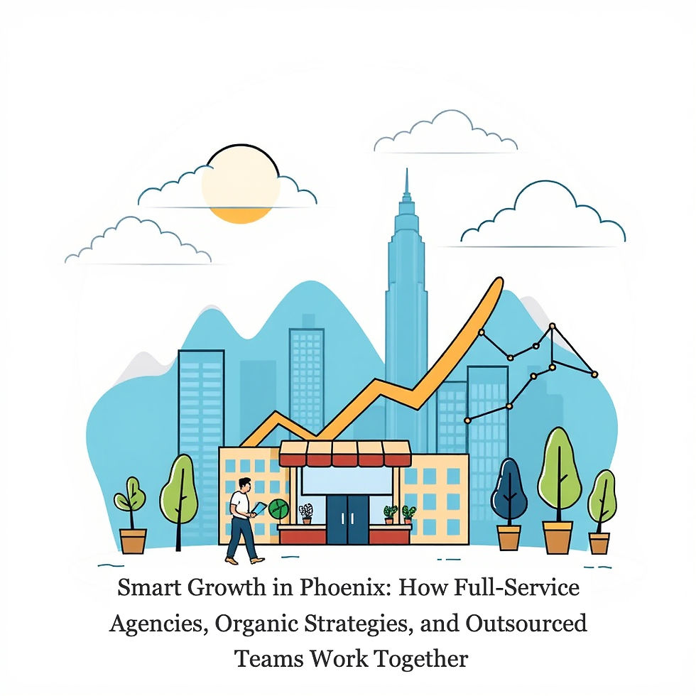 Illustrated city storefront with a man walking past potted trees, skyline and rising charts under clouds and a sun. With an overlay text that says "Smart Growth in Phoenix: How Full-Service Agencies, Organic Strategies, and Outsourced Teams Work Together"
