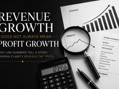 Revenue Growth infographic with rising charts, magnifying glass, calculator, and income statement on dark desk. Text: revenue vs profit.