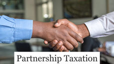 Two people in office attire shake hands firmly, with "Partnership Taxation" text overlay. Office setting, professional atmosphere.