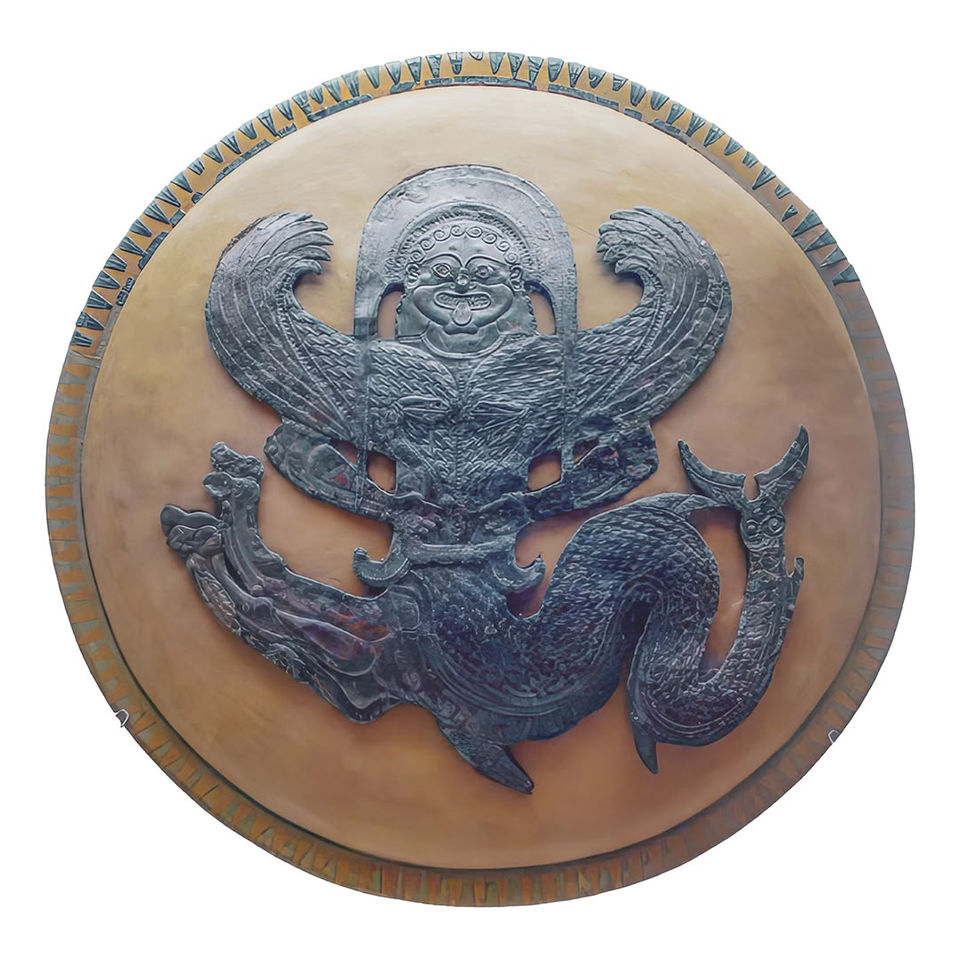 Winged stylised Gorgon decoration with The Tail of a Fish, as flat decorative relief metalwork on circular Shield.