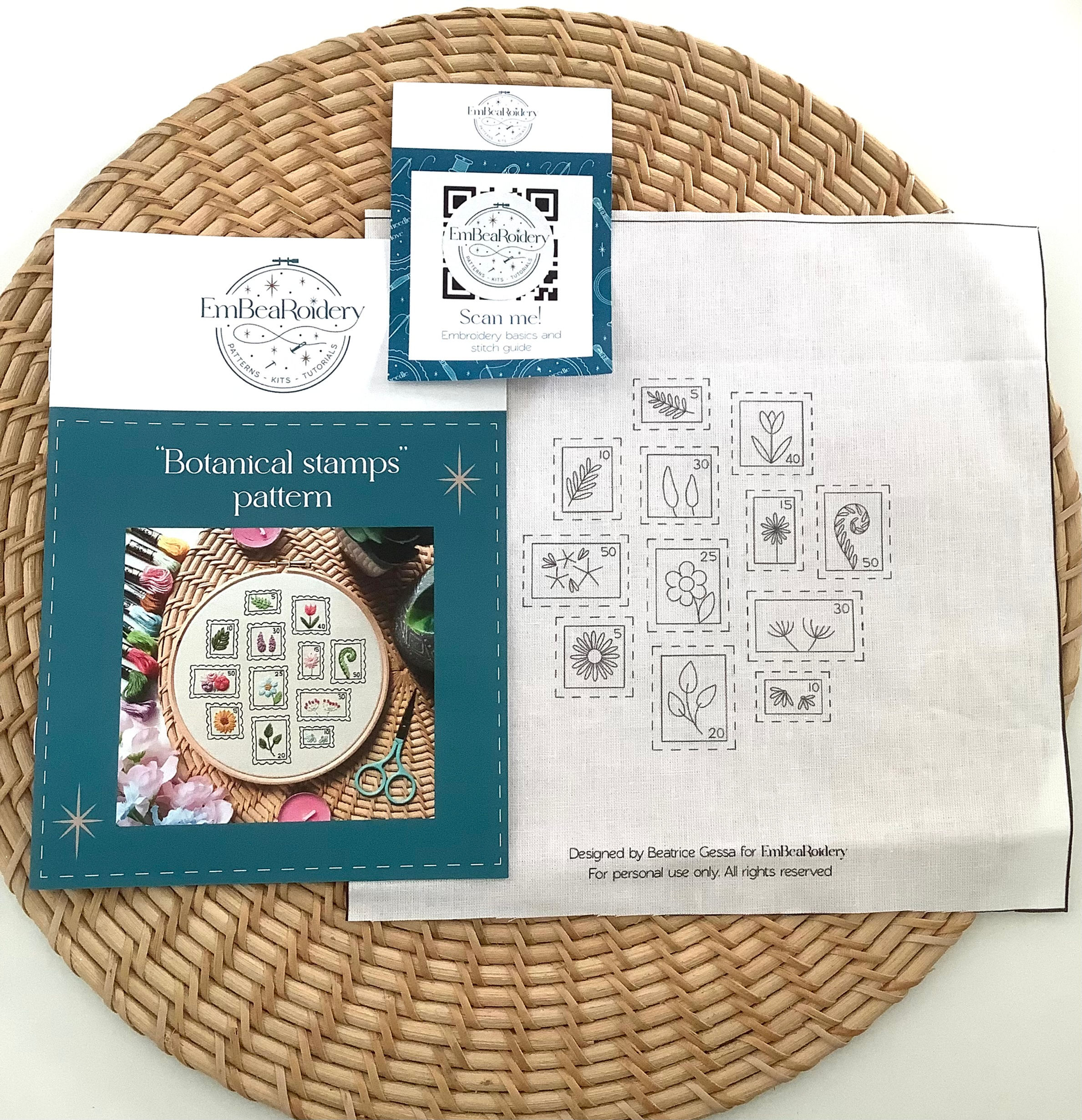 WHITE fabric panel pattern - Botanical stamps