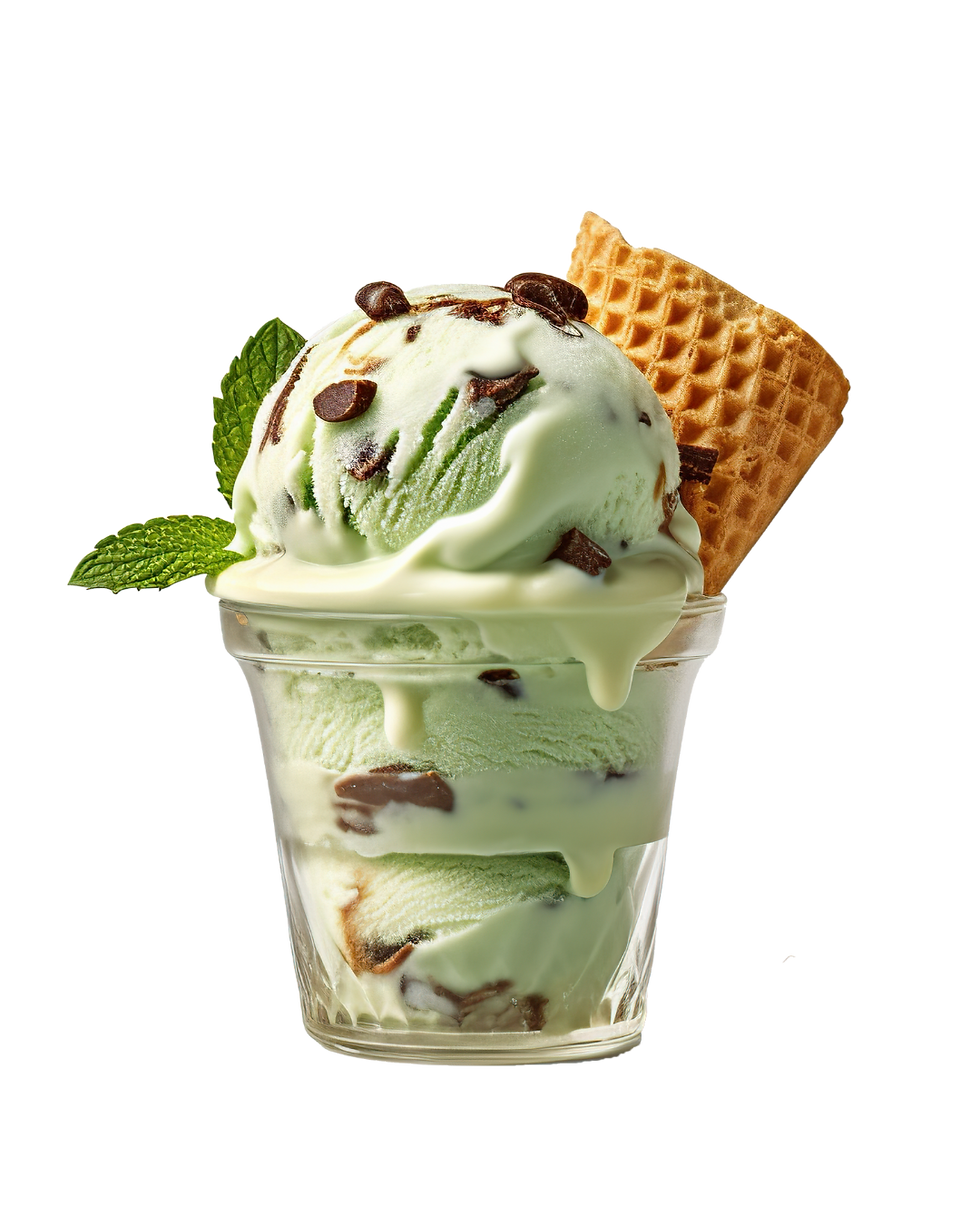 Ice cream in a cup with a cone and mint leafs