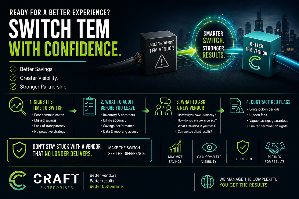Multi-location business switching TEM vendors showing audit checklist and new vendor evaluation criteria, Craft Enterprises