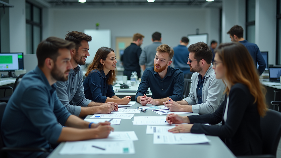 High angle view of a product development team discussing prototypes
