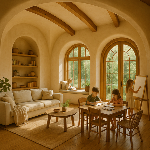 A luminous space where childhood creativity and soulful living meet.

Designed with natural textures, biophilic principles, and soft flowing light, this home nurtures imagination, connection, and a deep sense of belonging.
