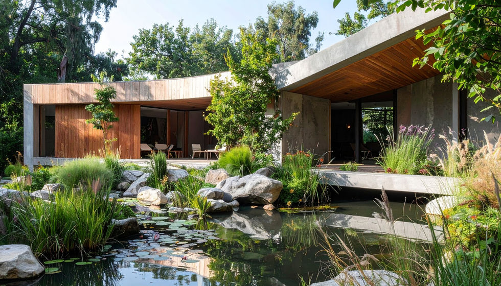 Modern biophilic house with curved wood and concrete exterior, surrounded by a natural pond, lush greenery, and sacred landscaping elements.