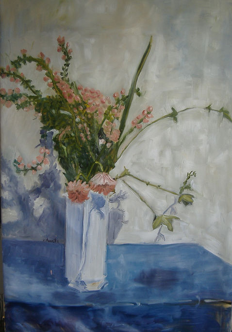 Oil painting of pink flowers in a white vase.