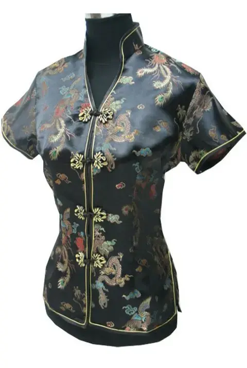 Miniatura: Promotion Blue Chinese Style Women Summer Blouse V-Neck Shirt Tops Silk Satin
