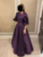 Miniatura: Dark Green Satin Bridesmaid Dress for Women A-Line Round Neck Balloon Sleeve
