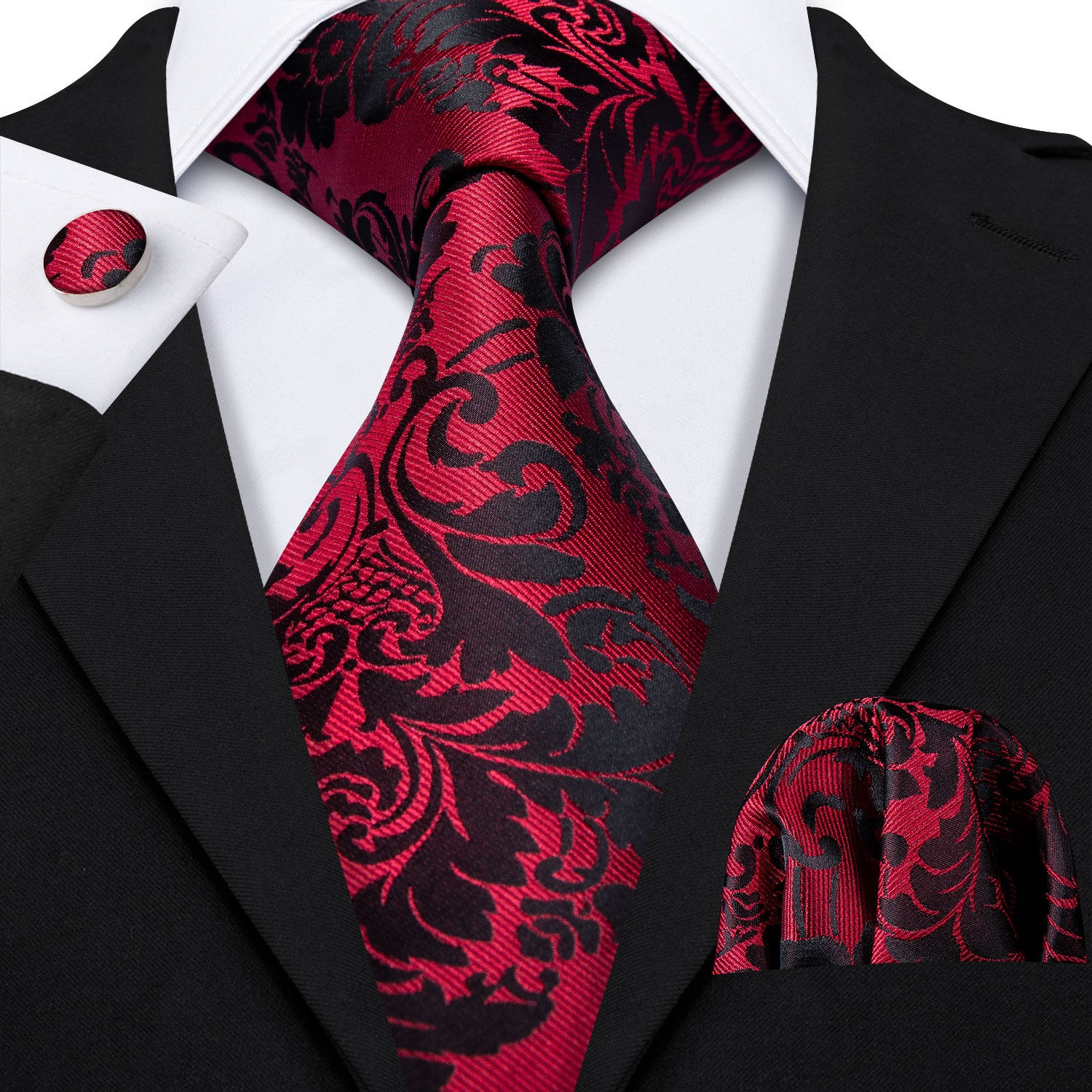 Black Red Floral Men Silk Tie Set
