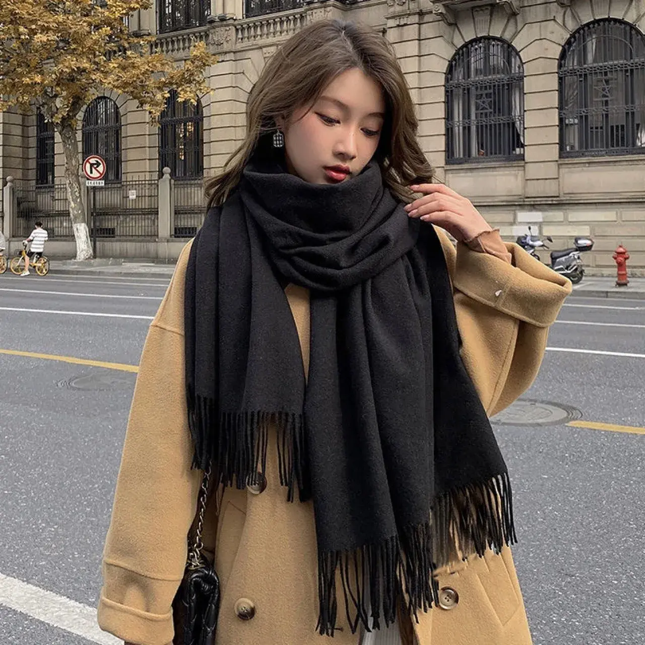 New Black Scarf Cashmere Woman Wool