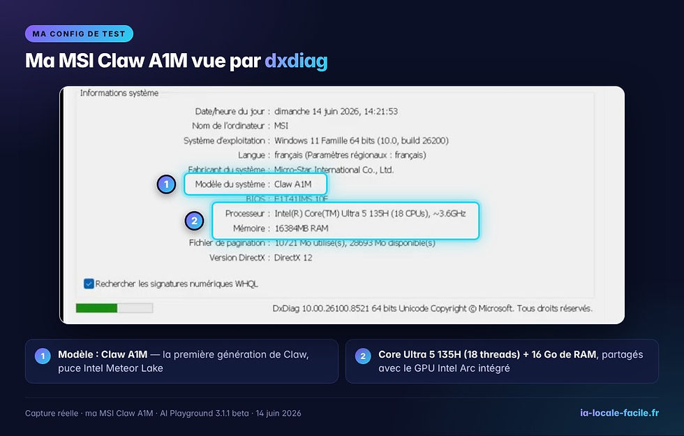 dxdiag sur MSI Claw A1M : processeur Intel Core Ultra 5 135H et 16 Go de RAM