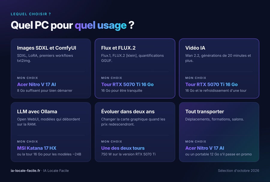 Quel PC pour l'IA locale selon l'usage : images SDXL, Flux, vidéo IA, Ollama, évolutivité et mobilité, avec mon choix pour chaque cas.