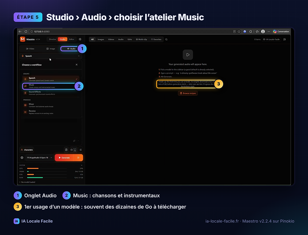 ouvrir l’atelier musique dans maestro sur pinokio