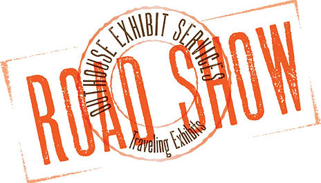 The Outhouse Exhibit Services Road Show Traveling Exhibits logo, which is typed in all-caps in a tall distressed sans-serif font in brown and orange. The text is wrapped in a circle, while "Road Show" appears stamped on top.