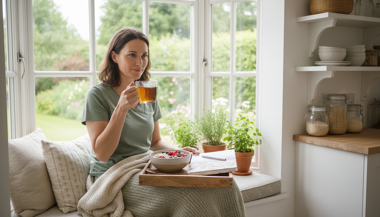 Eye-level view of a woman drinking herbal tea beside a bright kitchen window