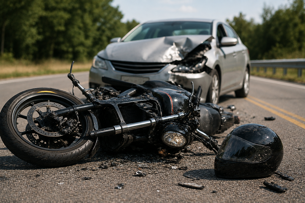 Damaged motorcycle and car at the scene of a roadway collision
