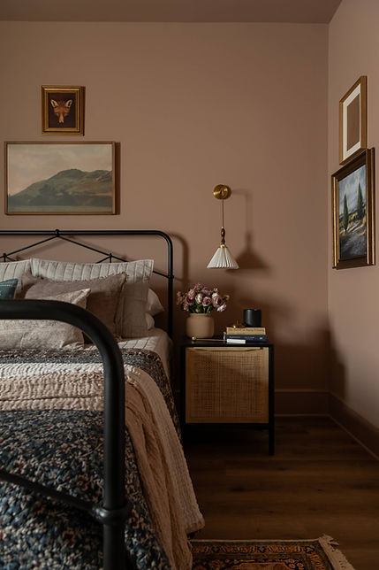 Bradie Fisher Interiors |  Interior designer |  Cozy Collected Guest Bedroom | Eclectic decor with muddy warm walls  and brass details