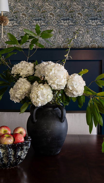 Bradie Fisher Interiors | Interior designer | Transitional Dining room, classic patterns, navy wall paint, floral wallpaper, heirloom eclectic accents
