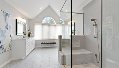 Transitional Master Bedroom + Bathroom Retreat with metallic details + neutral color palette