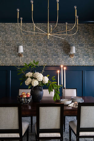 Bradie Fisher Interiors | Interior designer | Transitional Dining room, classic patterns, navy wall paint, floral wallpaper, heirloom eclectic accents