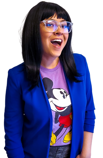 eDesign consultant, young woman with black hair wearing glasses, blue blazer, purple shirt.