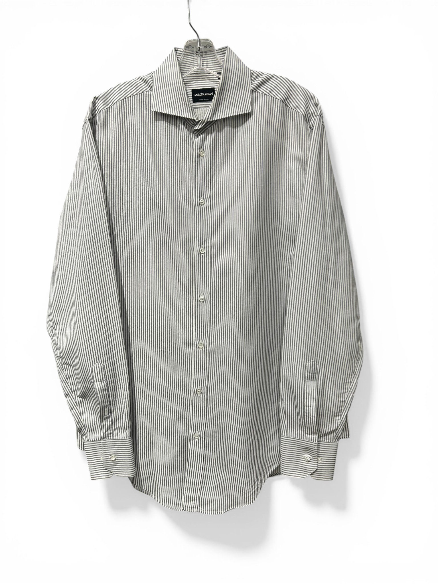 Giorgio Armani men's dress shirt is a striped, long-sleeved button-up