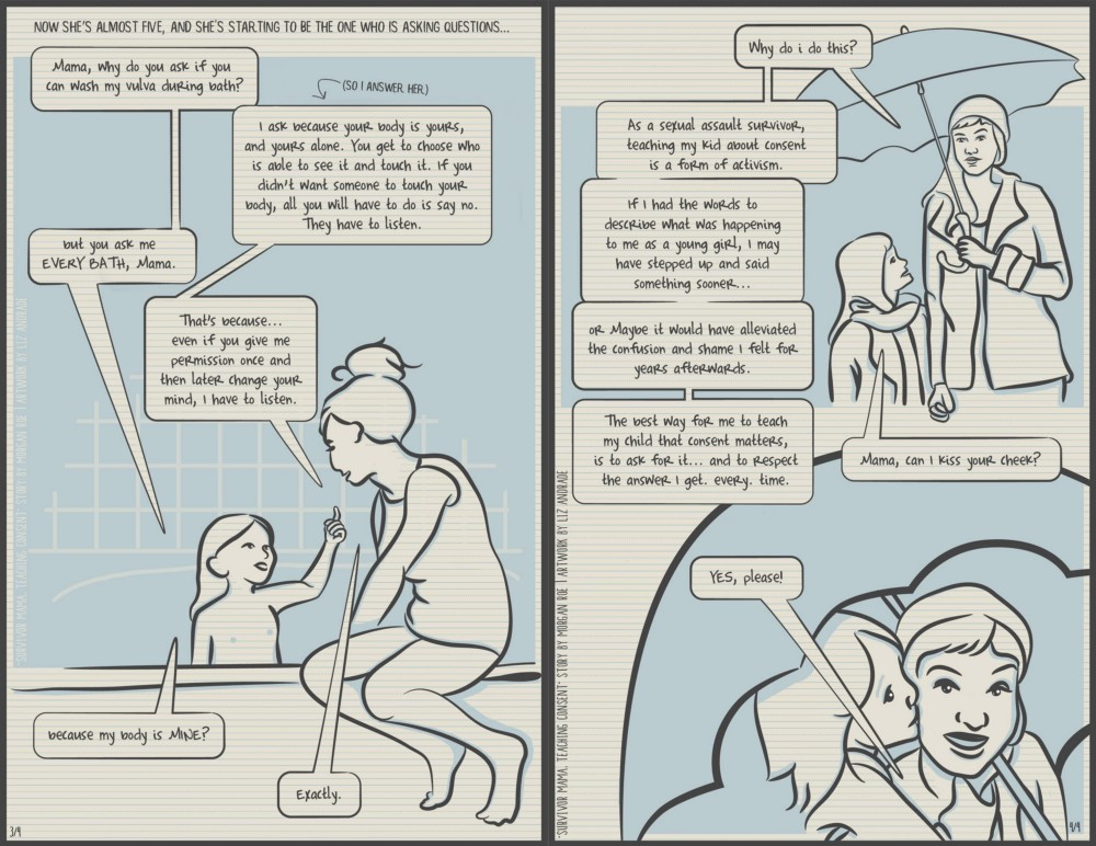 Survivor Mom, teaching consent, page 3-4 (description below)
