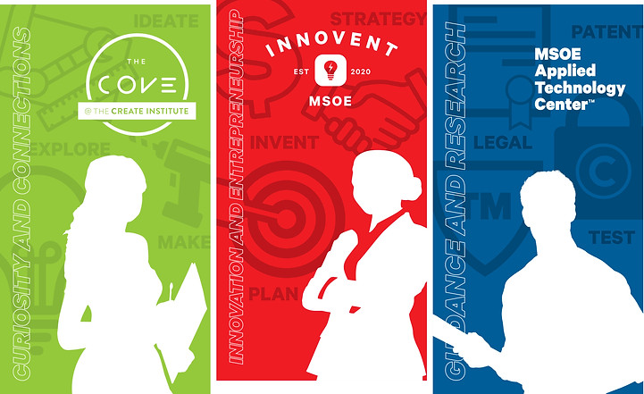 Three colored panels featuring silhouettes: green for Curiosity and Connections with a woman holding papers, red for Innovation and Entrepreneurship with a person crossing arms, and blue for Guidance and Research with a person holding a tablet.