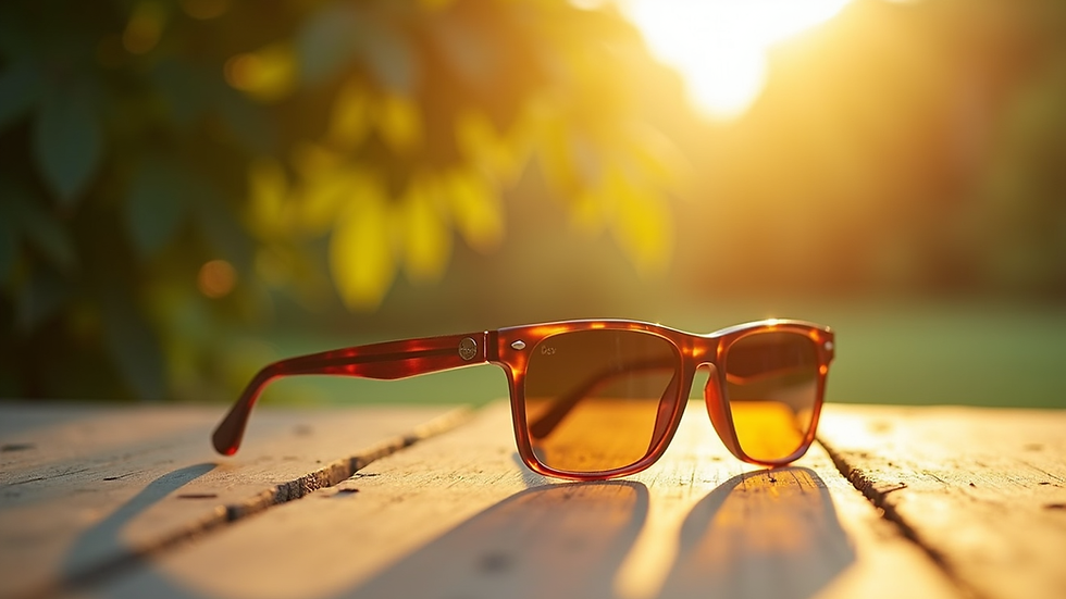 Nahaufnahme einer Sonnenbrille auf einem sommerlichen Holztisch