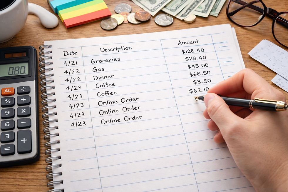 Tracking expenses in a notebook, surrounded by a calculator, colorful sticky notes, coins, and bills.