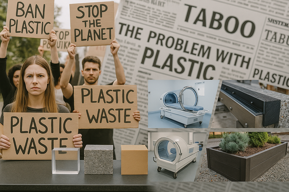 Plastic material samples on a workbench with a backdrop of diverse applications, from medical chambers to industrial wear strips, symbolizing plastic’s versatility