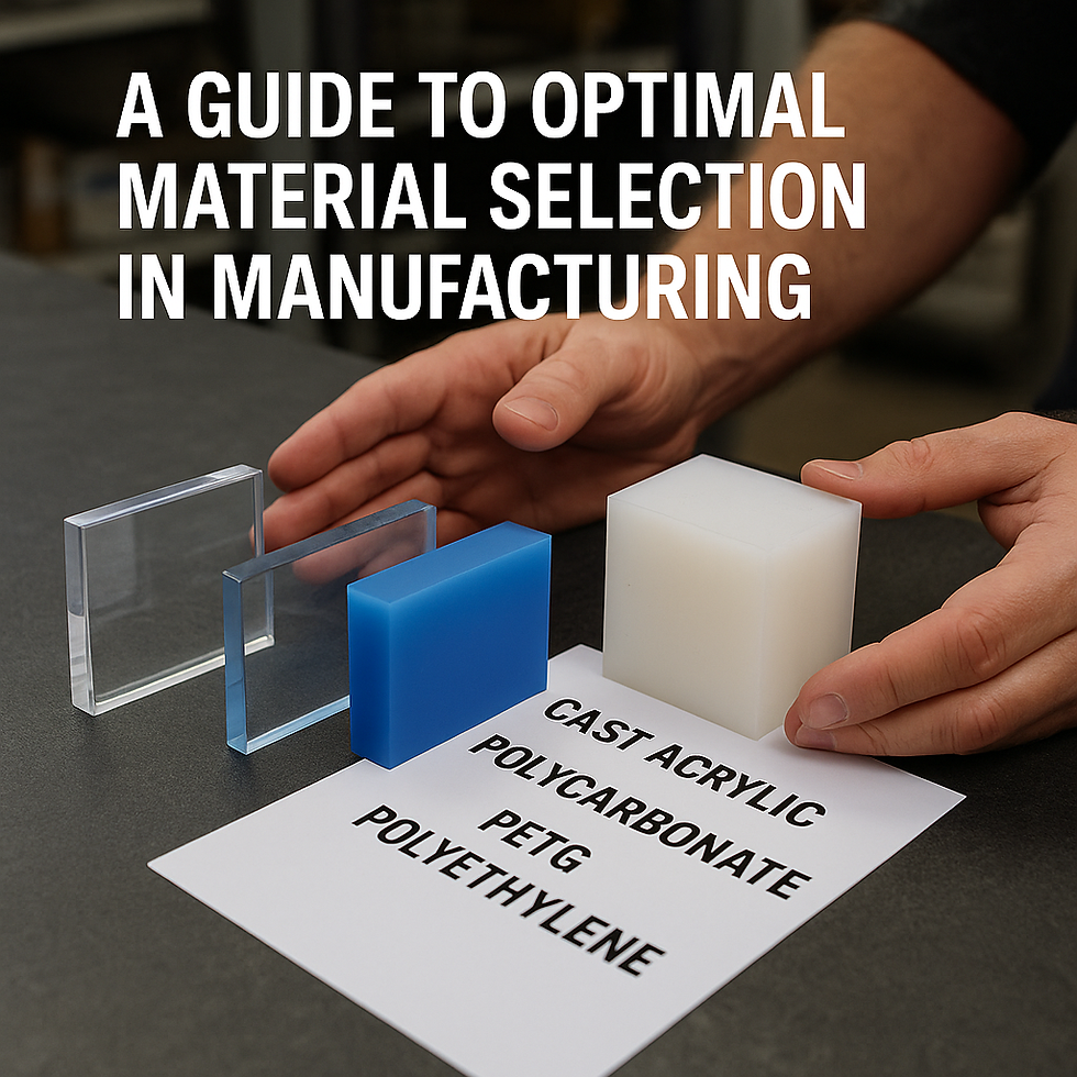 Close-up of four plastic material samples—clear cast acrylic, transparent polycarbonate, blue PETG, and white polyethylene—arranged on a dark surface with a printed material list and hands selecting samples, illustrating a guide to optimal material selection in manufacturing