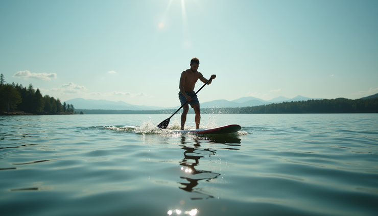 Eye-level view of a paddleboarder falling into calm lake water