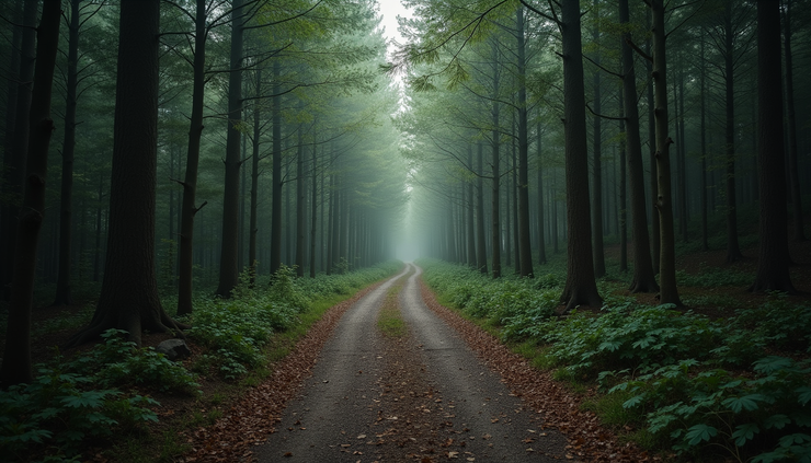 Eye-level view of a winding forest trail disappearing into dense trees