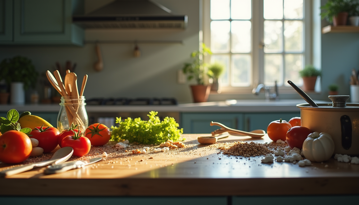 Eye-level view of a messy kitchen counter with spilled ingredients and cooking utensils scattered